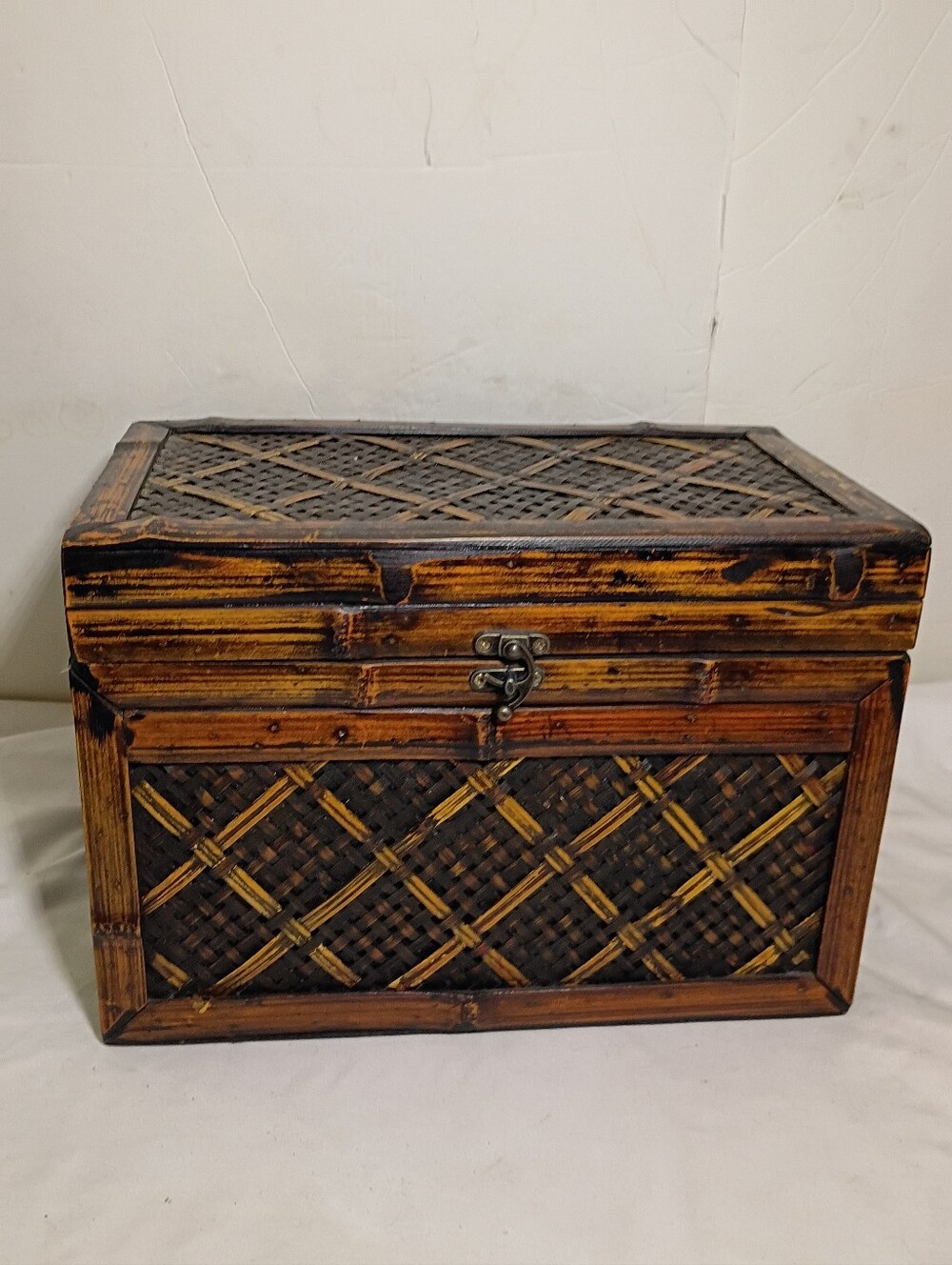 Vintage Handcrafted Boho Woven Bamboo & Rattan Tabletop Chest Box - 12"x8"x7"